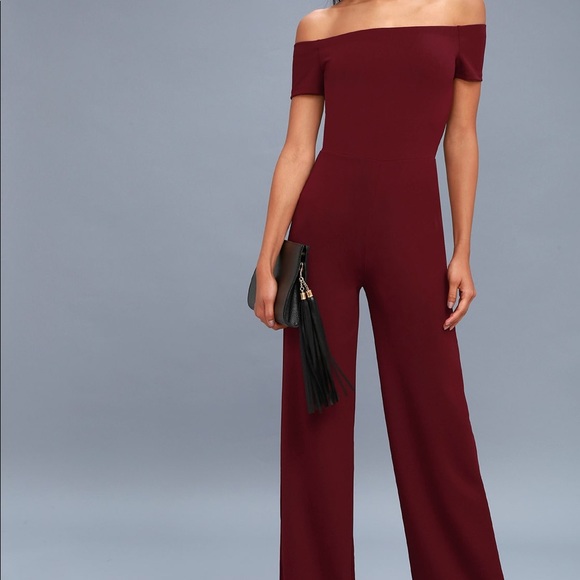 Lulus Pants - Lulus alleyoop burgundy off shoulder jumpsuit BB8